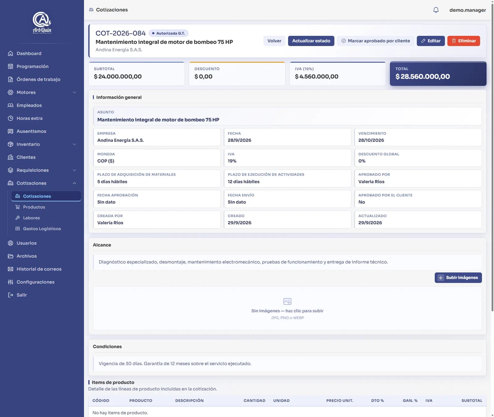Detalle de cotización en Gestión Operativa con subtotal, IVA, total, alcance y condiciones