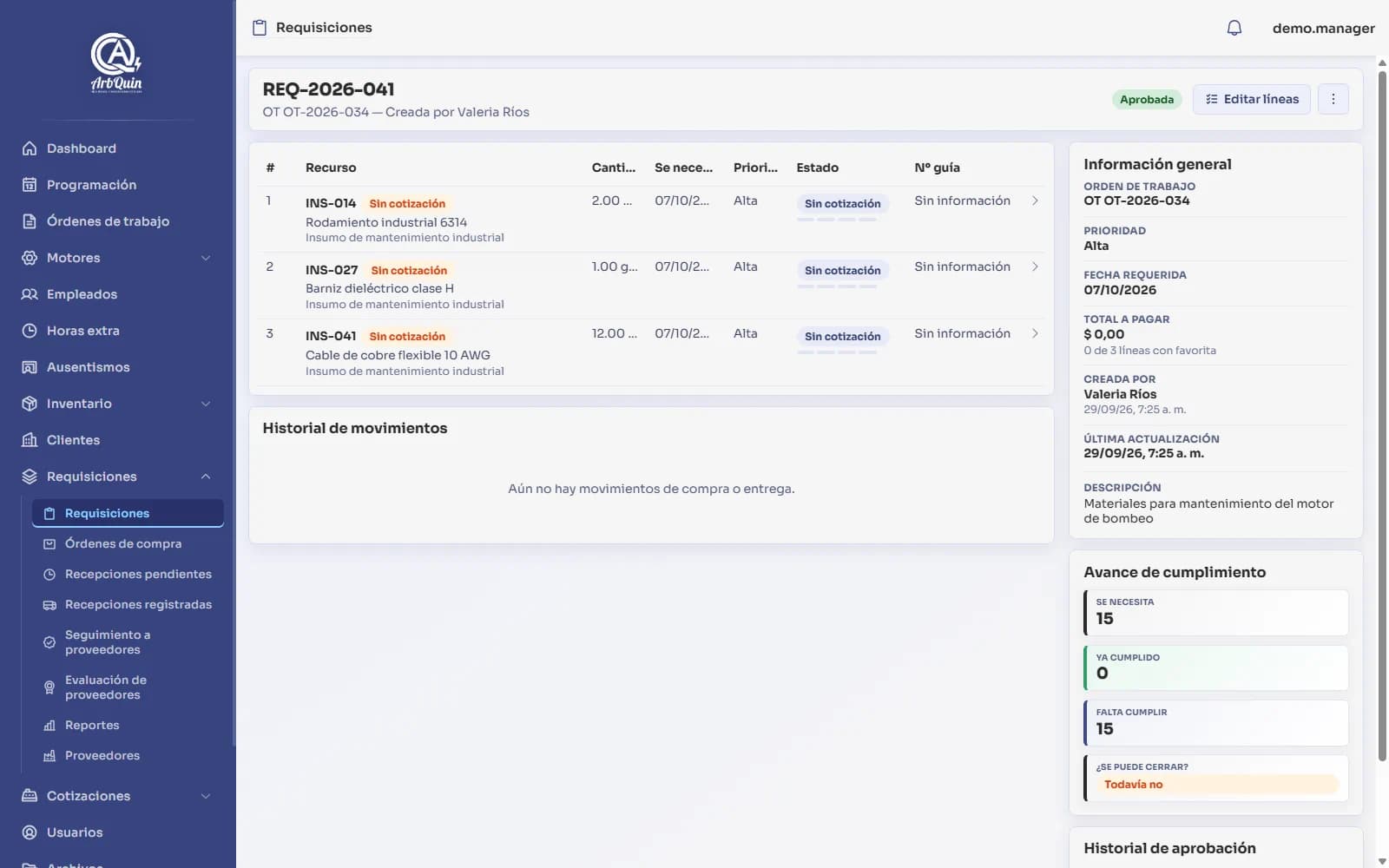Requisición de materiales en Gestión Operativa con recursos, estado y avance de cumplimiento