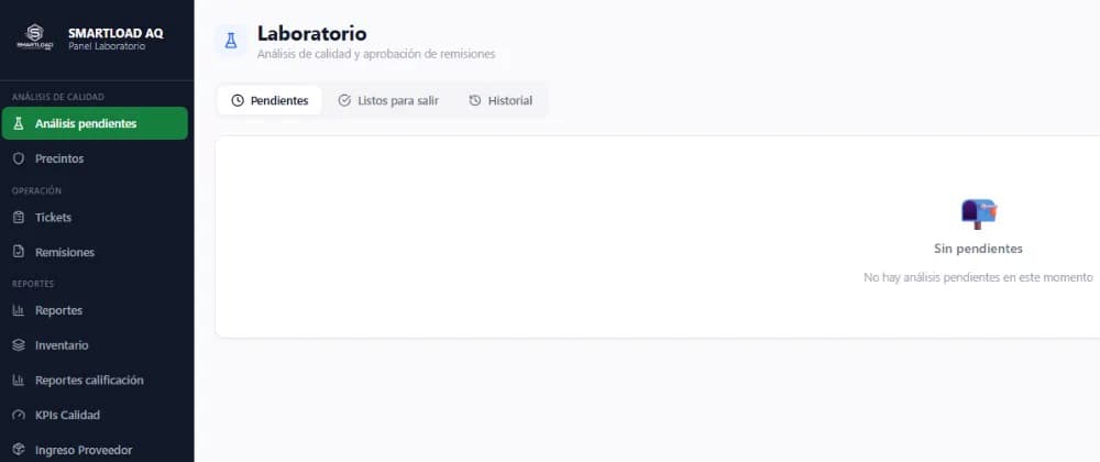 Panel de laboratorio de SmartLoad con análisis pendientes, precintos y reportes de calidad
