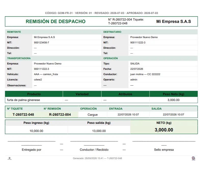 Remisión de despacho de SmartLoad con remitente, destinatario, transportadora, producto y pesos