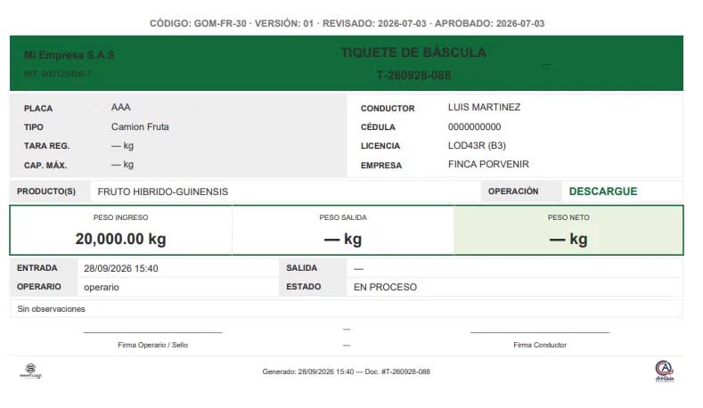 Tiquete de báscula generado por SmartLoad
